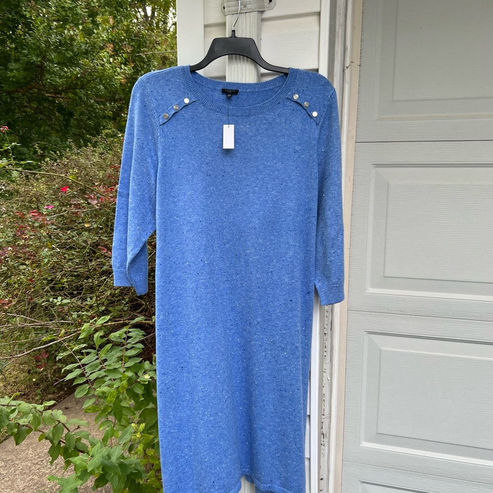 NWT Talbots Cozy Blue White Blue Flecks Shoulder Buttons Sweater Dress - Picture 4 of 8